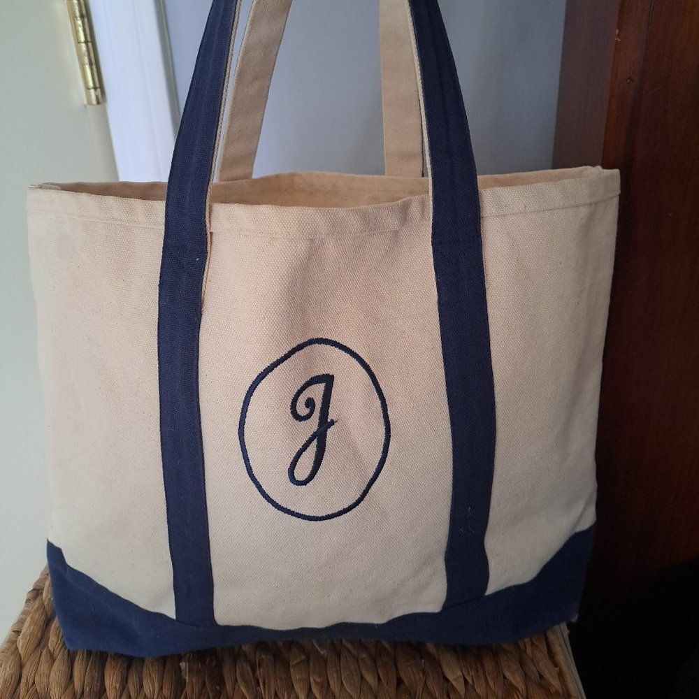 Navy and white canvas initial 'J'  tote